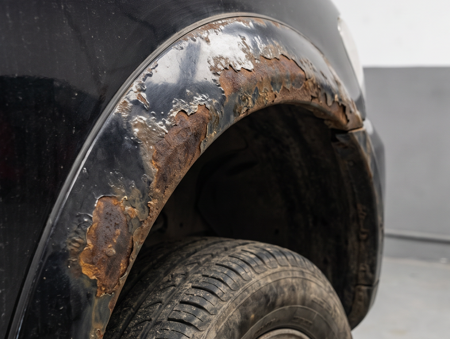 Car wheel arch before treatment