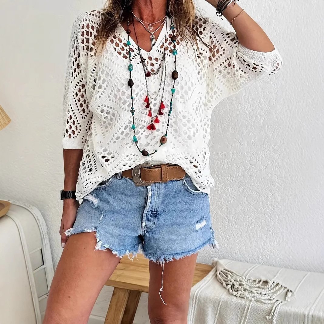 Crochet V‐Neck Boho Top | Apricot Summer Essential
