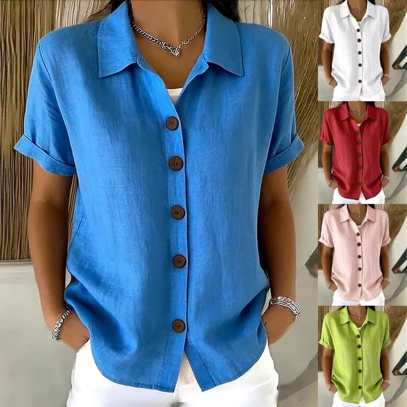 Women's Turn-Down Collar Short Sleeve Linen Shirt