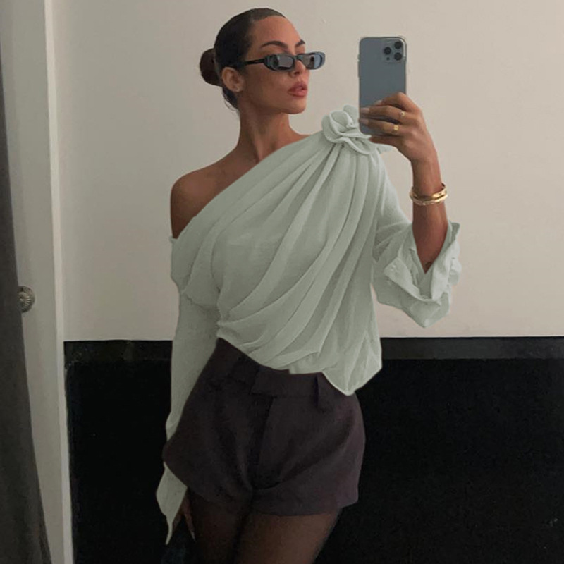 Chiffon Semi-Sheer One Shoulder Asymmetrical Blouse