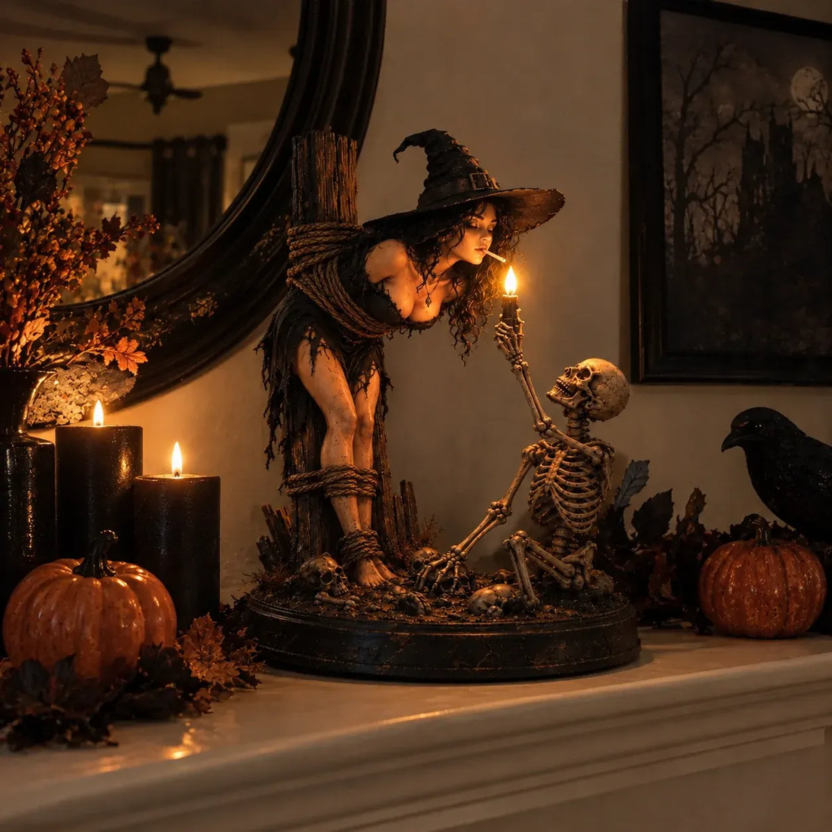 ⏳ 🖤 Light-Up Witch & Skeleton Gothic Figurine | Dark Halloween Tabletop Scene with Glowing Flame Detail 🔥
