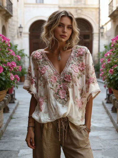 Bohemian-style Pink Floral Embroidery V-neck Short-sleeved Shirt With Sequins