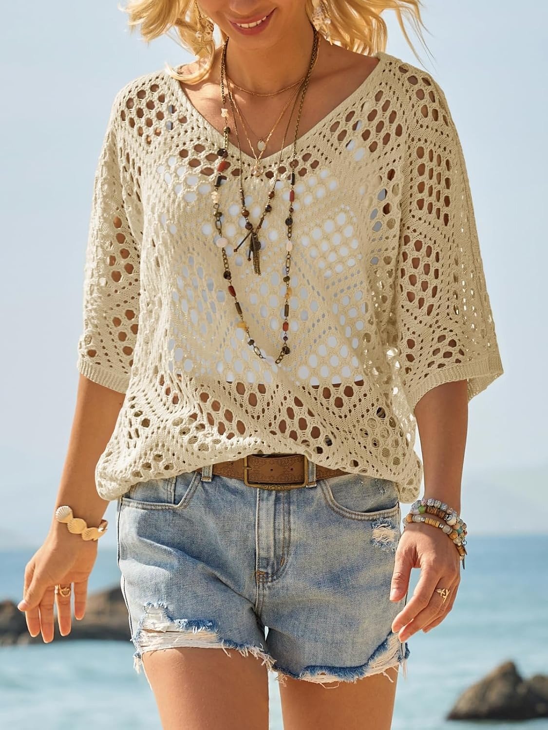 Crochet V‐Neck Boho Top | Apricot Summer Essential