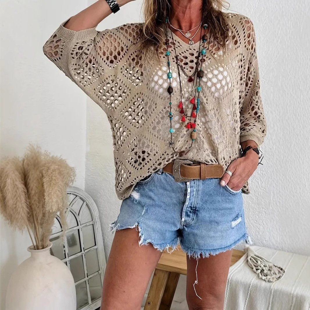 Crochet V‐Neck Boho Top | Apricot Summer Essential