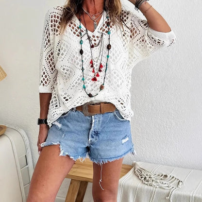 Crochet V‐Neck Boho Top | Apricot Summer Essential