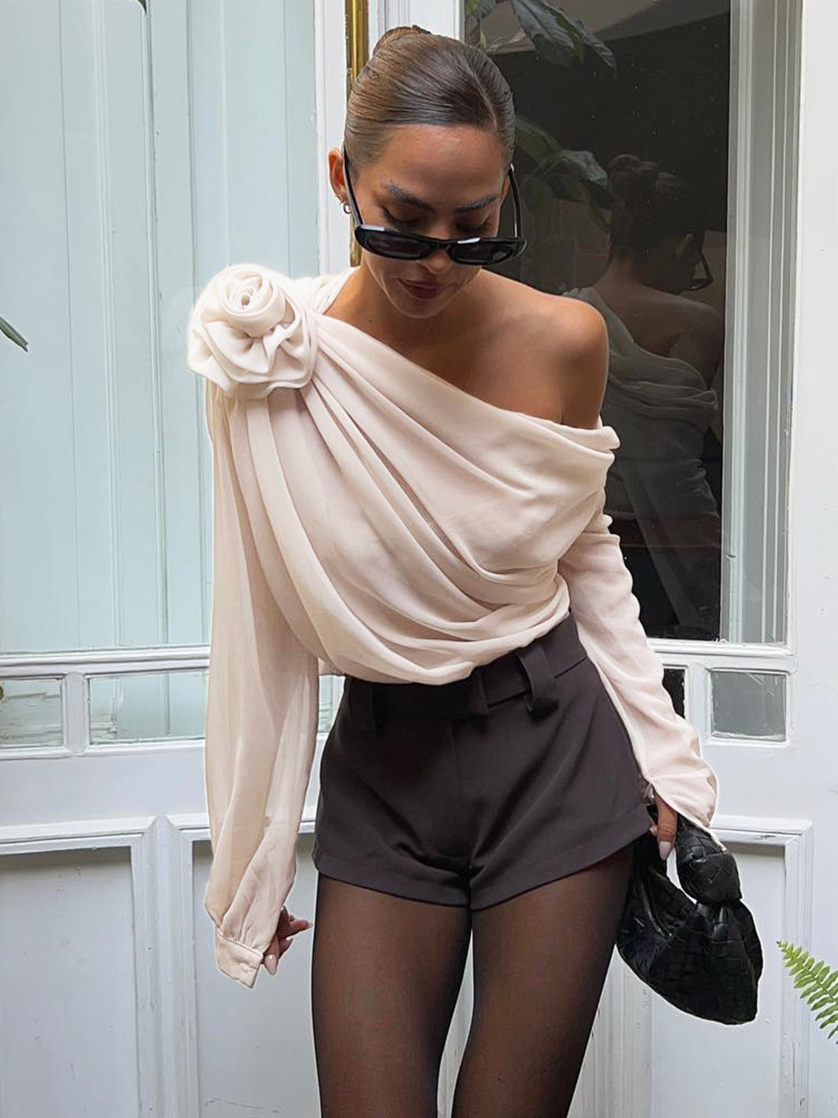Chiffon Semi-Sheer One Shoulder Asymmetrical Blouse