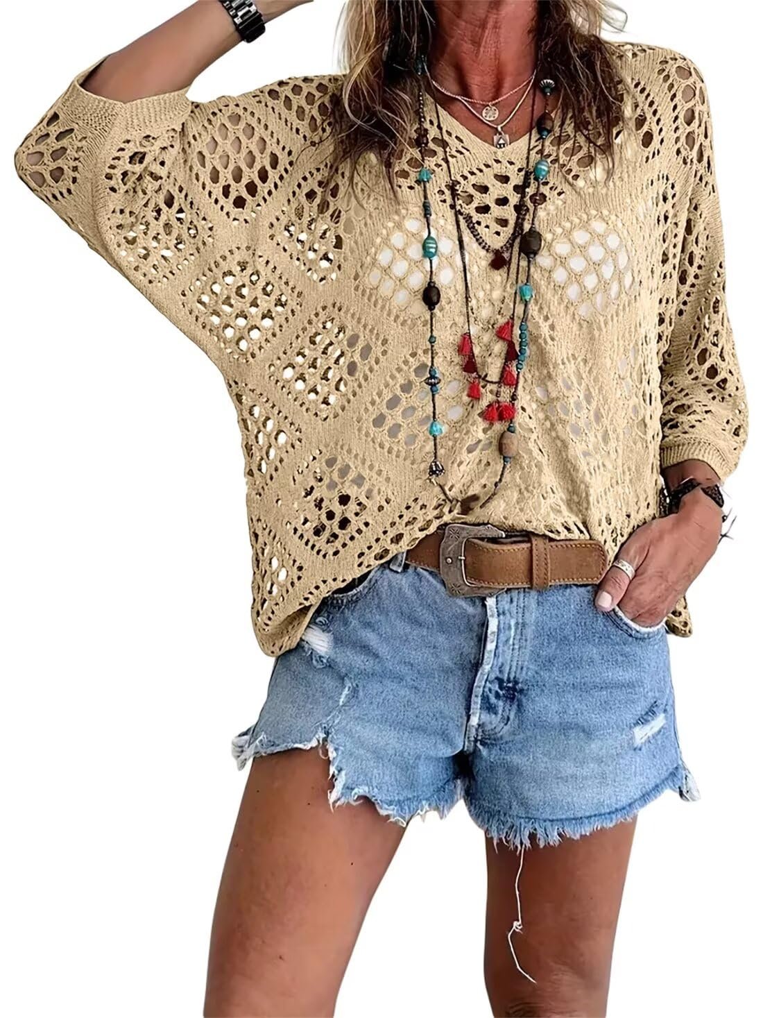 Crochet V‐Neck Boho Top | Apricot Summer Essential