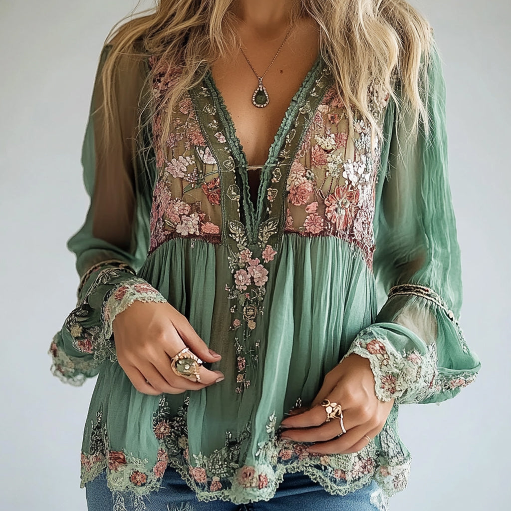 Floral Pattern V Neck Semi-Transparent Long Sleeve Blouse