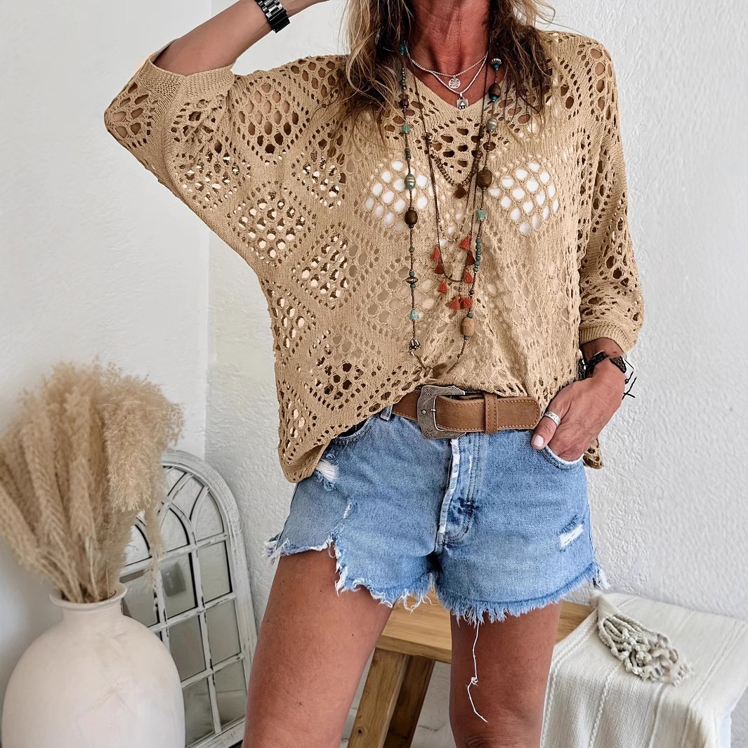 Crochet V‐Neck Boho Top | Apricot Summer Essential
