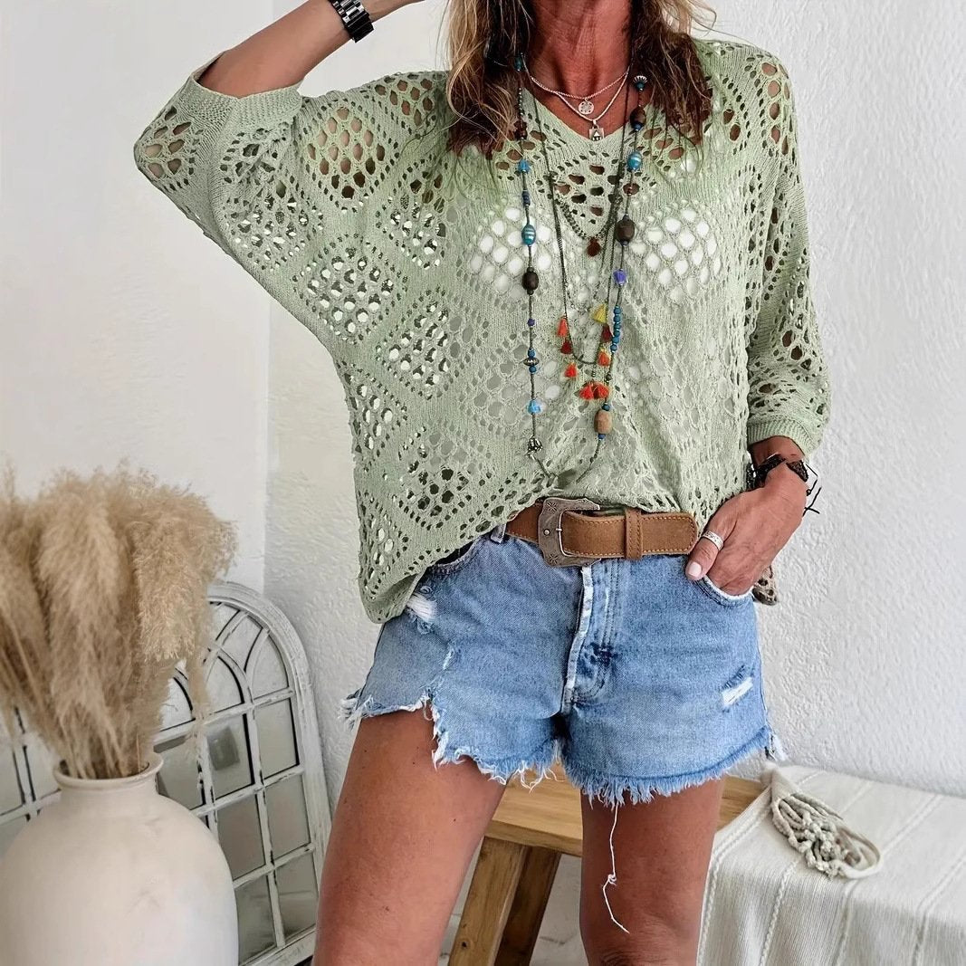 Crochet V‐Neck Boho Top | Apricot Summer Essential