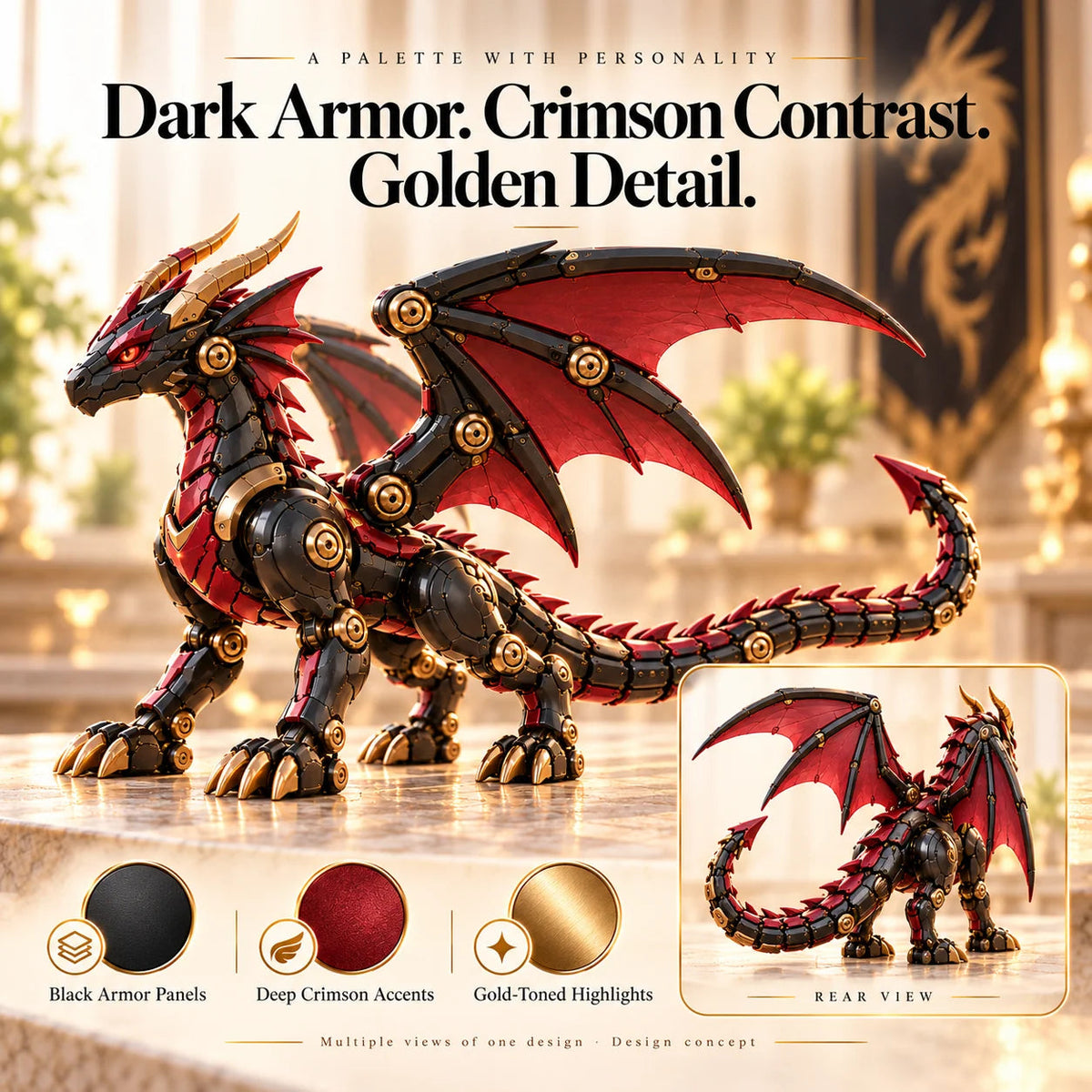 🔥last Day 49% Off🔥-🐉 Mechanical Dragon Egg – Black & Crimson Dragon With Folding Wings & Armored Details