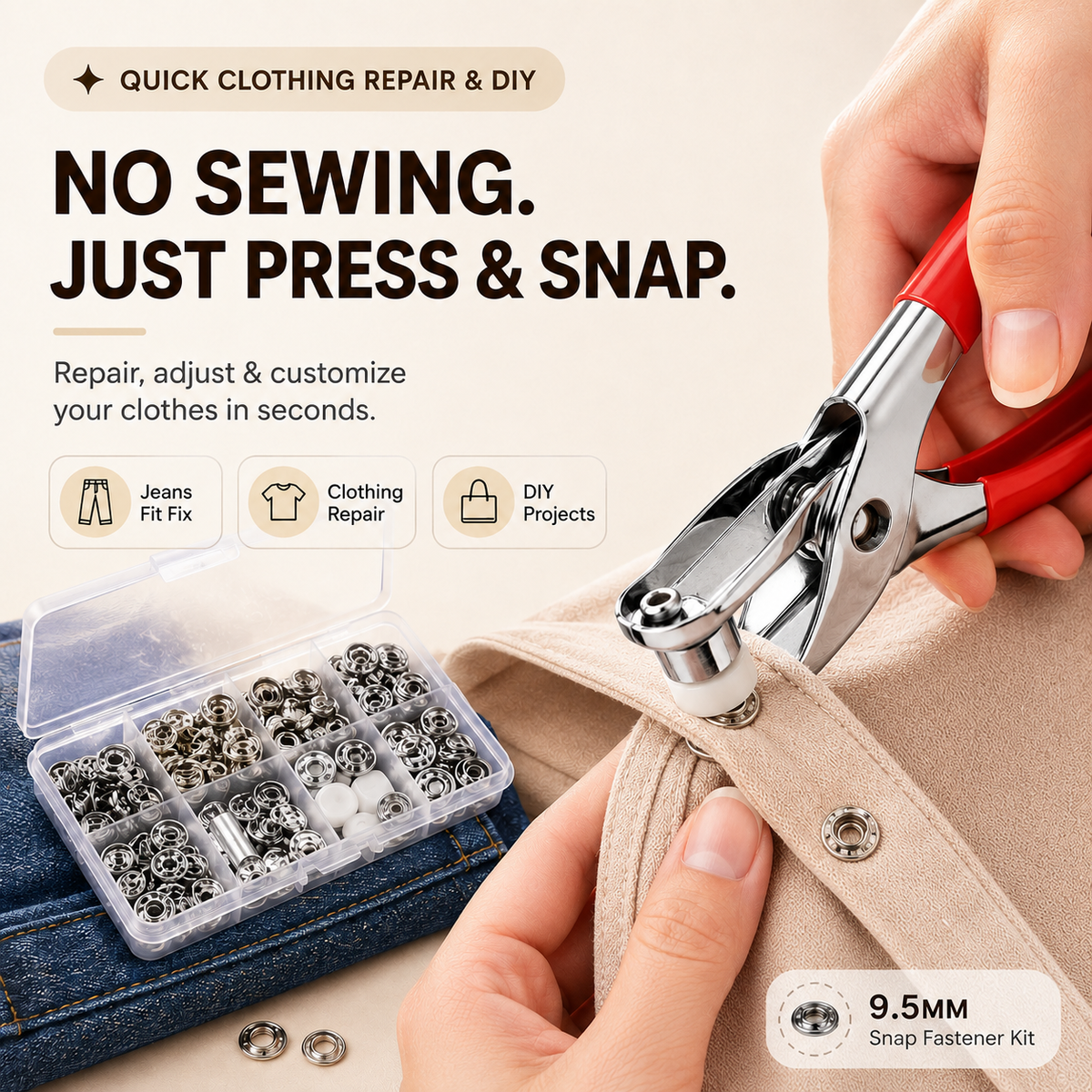 🧵 100Pcs Invisible Colored Metal Buckle & Manual Pressure Pliers | Quick Clothing Repair & DIY