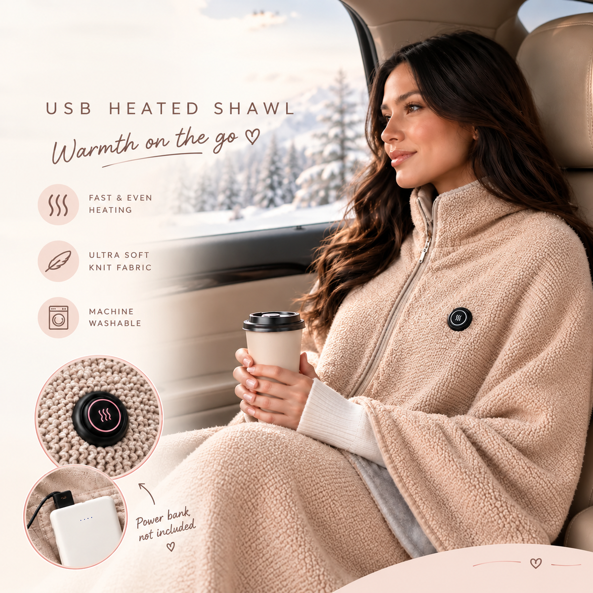 Wearable Heated Shawl 3 Heat Levels Portable Thermal Wrap