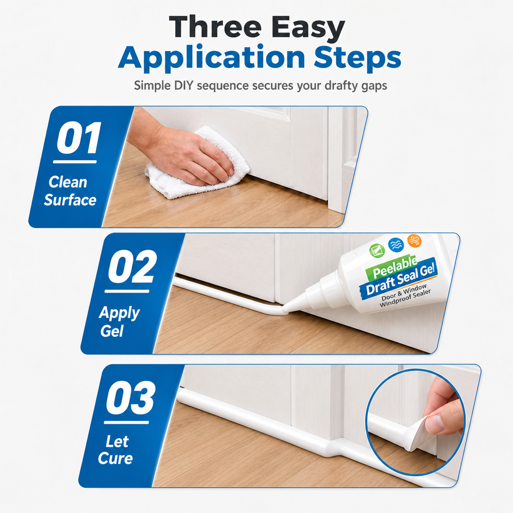 Three illustrated application steps: clean the surface, apply the gel, and let it cure